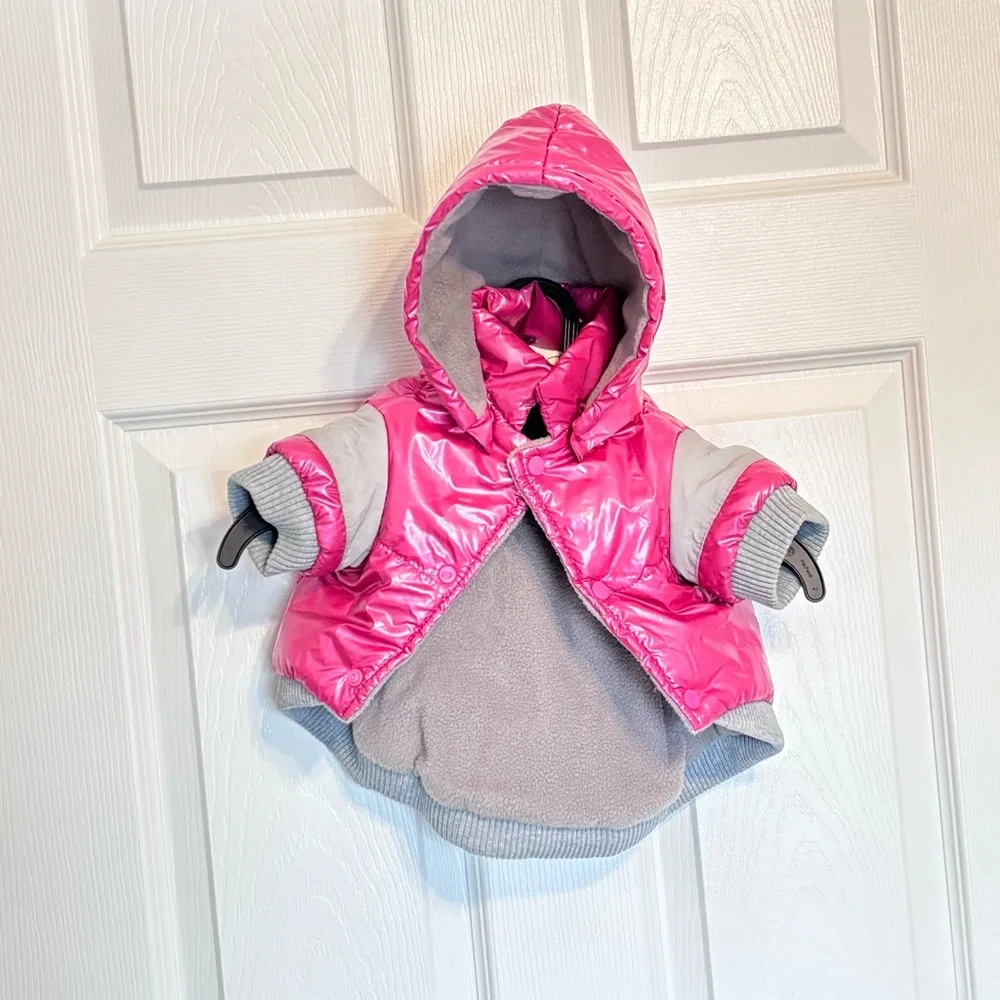 Pet Life Small Dog Puffer Jacket Pink Grey Gray Fleece Lined Snaps Hooded Small